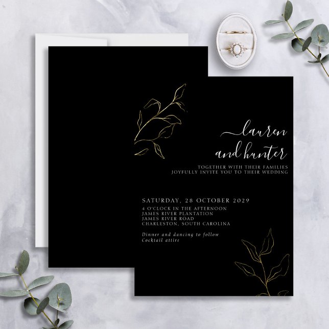 Invitation En Aluminium Mariage Botanique Moderne Noir Blanc Écriture Or (Créateur téléchargé)