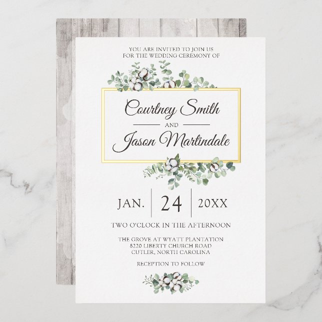 Invitation En Aluminium Mariage botanique Rustique Southern Cotton Boll (Recto/Verso)