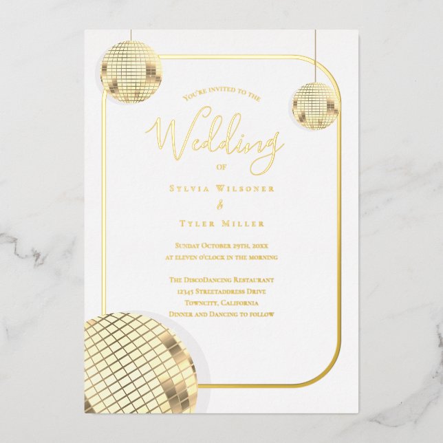 Invitation En Aluminium Mariage Boule Disco Or (Recto)