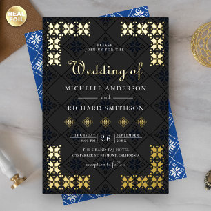 Invitation En Aluminium Mariage Broderie Ukrainienne Bleu Noir Or