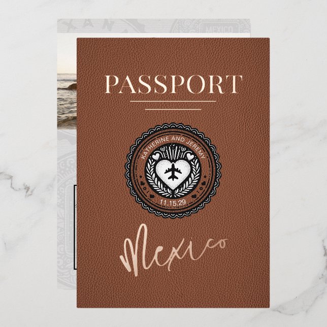 Invitation En Aluminium Mariage Brown Mexique Passport (Recto/Verso)
