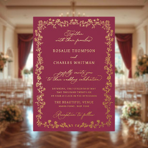 Invitation En Aluminium Mariage Cadre Floral Roses Bourguignonnes Vintage
