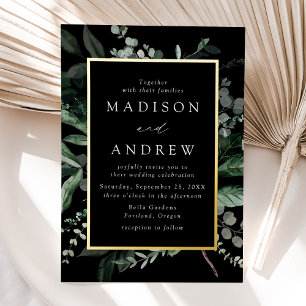 Invitation En Aluminium Mariage Cadre Noir et Or à Verdure Abondante