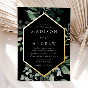 Invitation En Aluminium Mariage Cadre Noir et Or à Verdure Abondante