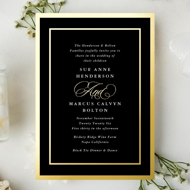 Invitation En Aluminium Mariage Cadres Dorés Formels Noir & Blanc (Créateur téléchargé)