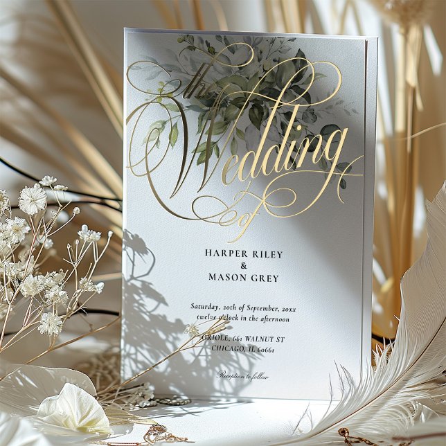 Invitation En Aluminium Mariage Calligraphié Or Vert Élégant Script (Créateur téléchargé)