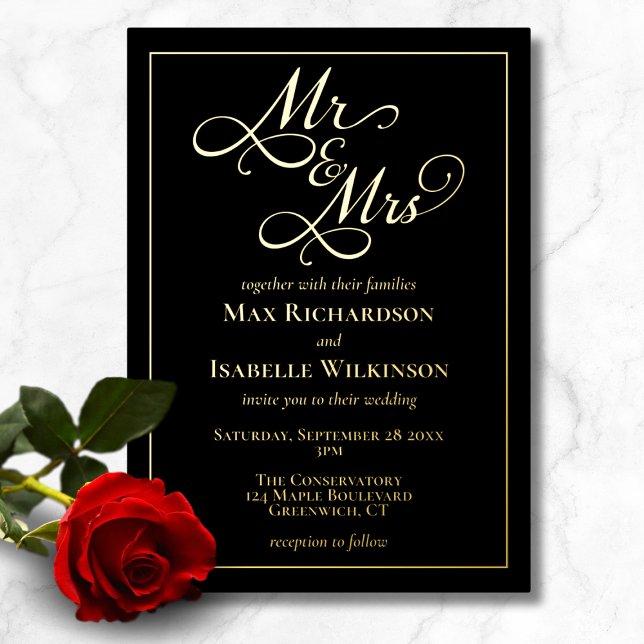 Invitation En Aluminium Mariage Calligraphie Script Or Romantique (Elegant black minimalist gold foil wedding invitation, Mr and Mrs, script calligraphy typography)
