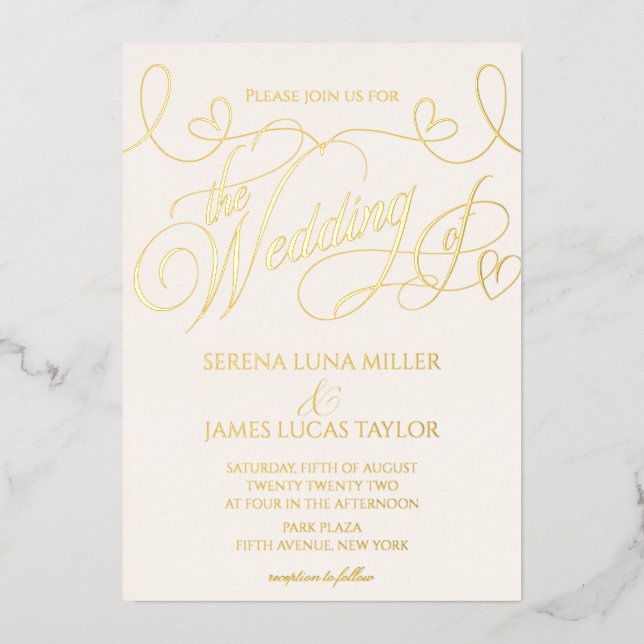 Invitation En Aluminium Mariage Calligraphique à l'Or Romantique (Recto)