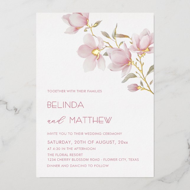 Invitation En Aluminium Mariage Casual Fleurs Blanches Or (Recto)