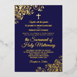 Invitation En Aluminium Mariage catholique élégant Bleu marine & Or