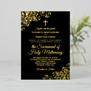 Invitation En Aluminium Mariage Catholique Élégant Classique Noir Or