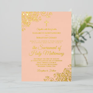 Invitation En Aluminium Mariage catholique moderne Elégant Coral Peach & G
