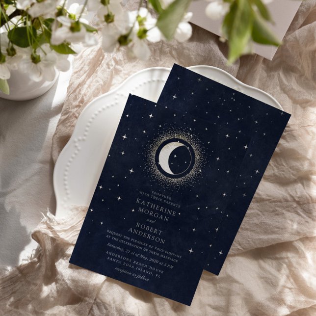 Invitation En Aluminium Mariage céleste de minuit bleu étoiles de lune (Créateur téléchargé)