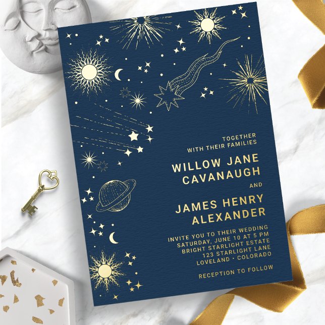 Invitation En Aluminium Mariage Céleste Élégant (Navy Blue and Gold Elegant Celestial Wedding Foil Invitation
)