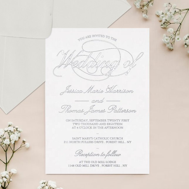 Invitation En Aluminium Mariage Chic Argent Script Réel (Créateur téléchargé)