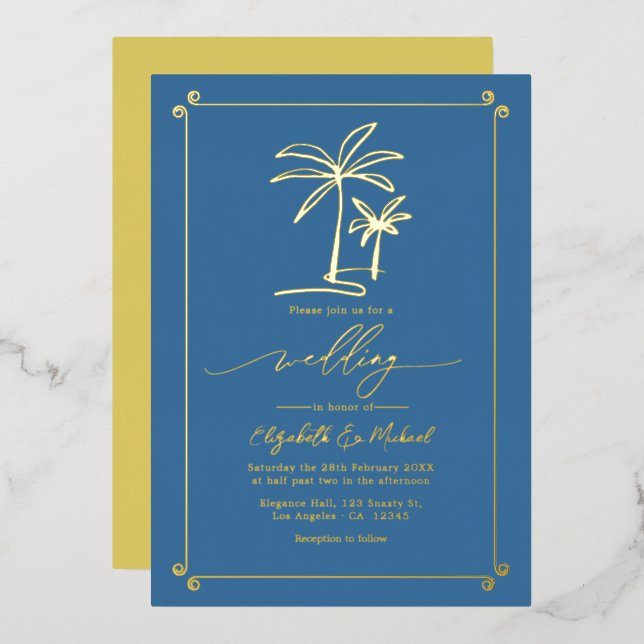 Invitation En Aluminium Mariage chic côtier au palmier doré (Recto/Verso)