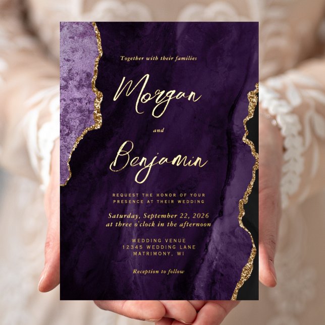 Invitation En Aluminium Mariage chic écriture moderne agate violette (Créateur téléchargé)