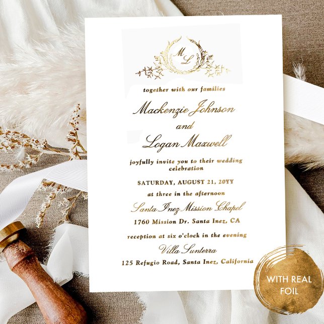 Invitation En Aluminium Mariage Chic Monogramme Calligraphié avec Feuille  (Créateur téléchargé)