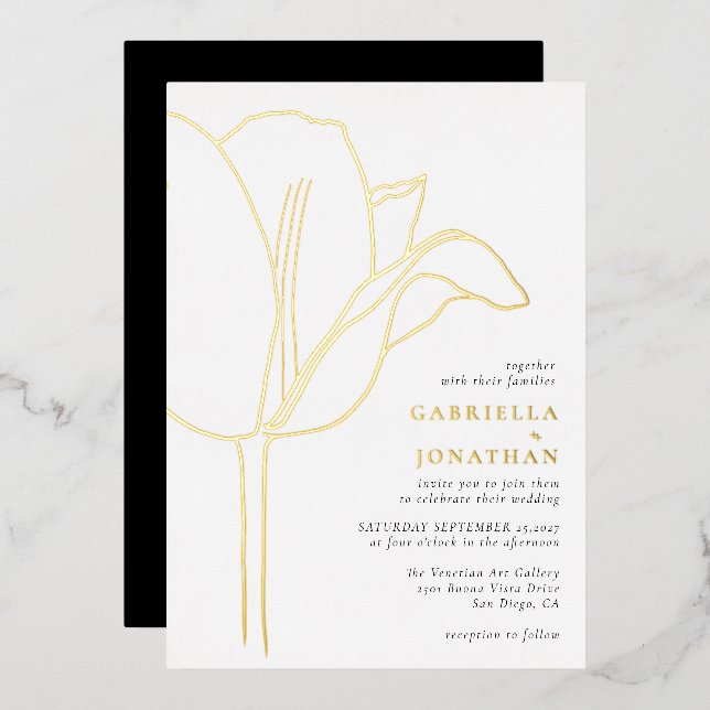 Invitation En Aluminium Mariage Chic Tulipe Noir Blanc Or (Recto/Verso)