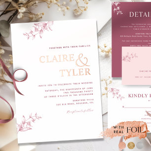 Invitation En Aluminium Mariage Chic Typographie Bordeaux et Or Rose