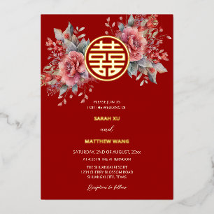 Invitation En Aluminium Mariage Chinois aux Roses Aquarelles BILINGUE