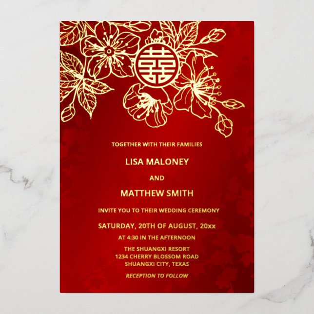 Invitation En Aluminium MARIAGE chinois BILINGUAL Red Gold Cherry Blossom (Recto)