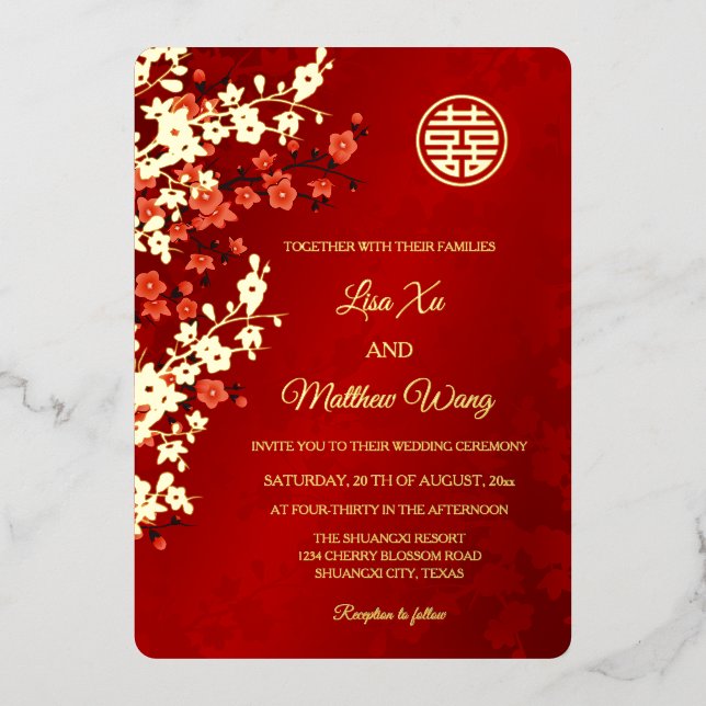Invitation En Aluminium MARIAGE chinois BILINGUAL Red Gold Cherry Blossom (Recto)