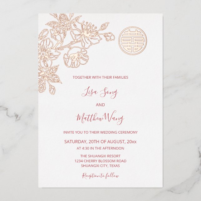 Invitation En Aluminium MARIAGE chinois BILINGUES Rose Gold Cherry Blossom (Recto)