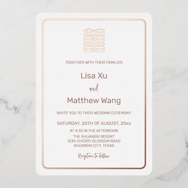 Invitation En Aluminium Mariage chinois blanc or Rose simple (Recto)