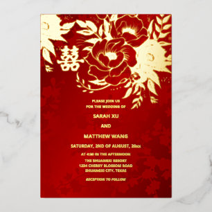 Invitation En Aluminium Mariage Chinois de Roses d'Or BILINGUE
