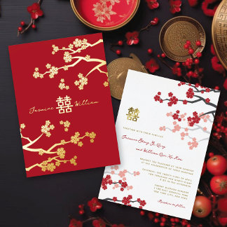 Invitation En Aluminium Mariage Chinois Double Bonheur Sakura Rouge