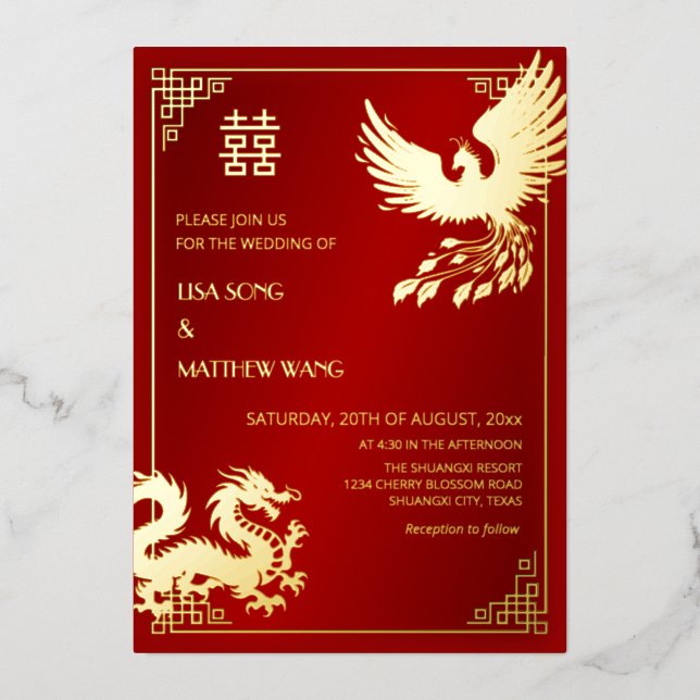 Invitation En Aluminium MARIAGE Chinois DRAGON ET PHÉNIX  | Bilingue (Recto)