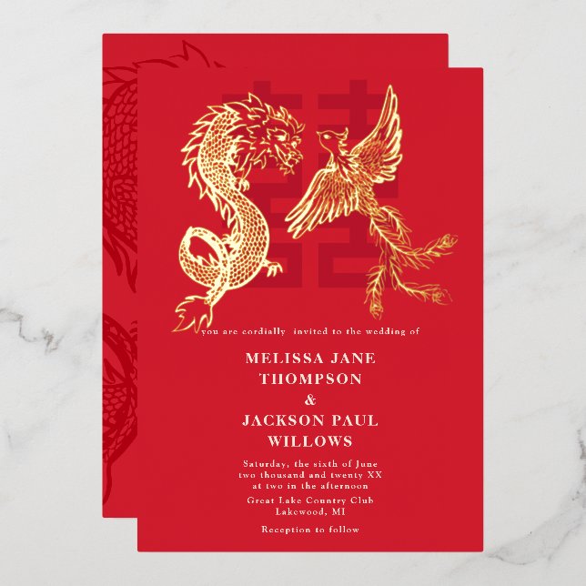Invitation En Aluminium Mariage chinois Dragon et Phénix dorés (Recto/Verso)