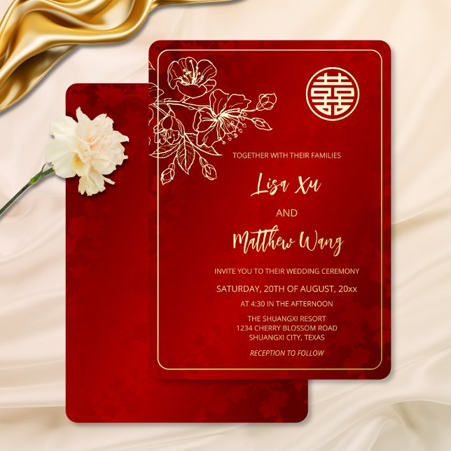 Invitation En Aluminium Mariage Chinois Fleur de Cerisier Or (Créateur téléchargé)