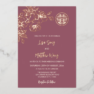 Invitation En Aluminium Mariage Chinois Fleur de Cerisier Or Rose
