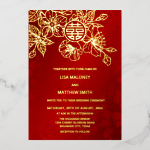 Invitation En Aluminium MARIAGE CHINOIS Floral Or Rouge Bilingue