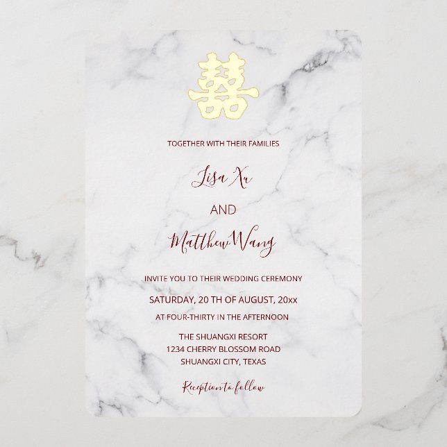 Invitation En Aluminium Mariage chinois moderne en marbre (Recto)
