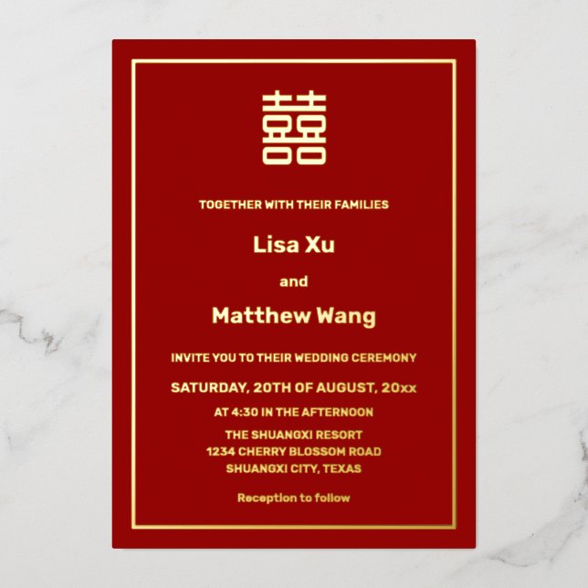Invitation En Aluminium MARIAGE Chinois Or Rouge BILINGUE (Recto)
