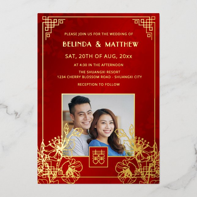 Invitation En Aluminium Mariage Chinois Photo Rouge Or BILINGUE (Recto)