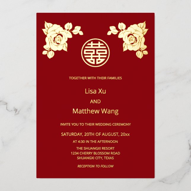 Invitation En Aluminium Mariage Chinois Roses d'Or (Recto)