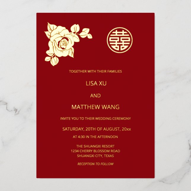 Invitation En Aluminium Mariage Chinois Roses Dorées (Recto)