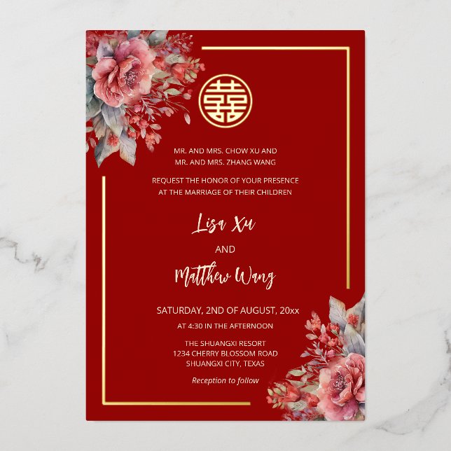 Invitation En Aluminium MARIAGE Chinois Roses Rouge Or BILINGUE (Recto)