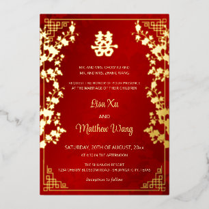 Invitation En Aluminium MARIAGE chinois rouge BILINGUAL Gold Frame