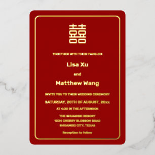 Invitation En Aluminium Mariage chinois simple Red Gold
