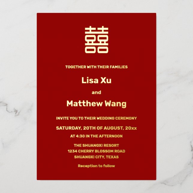 Invitation En Aluminium Mariage chinois simple Red Gold (Recto)