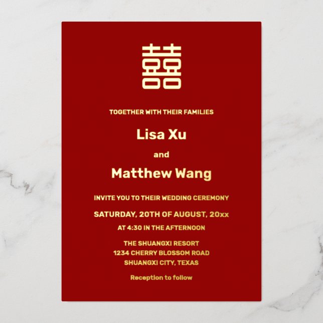 Invitation En Aluminium Mariage Chinois Simple Rouge Or Bilingue (Recto)