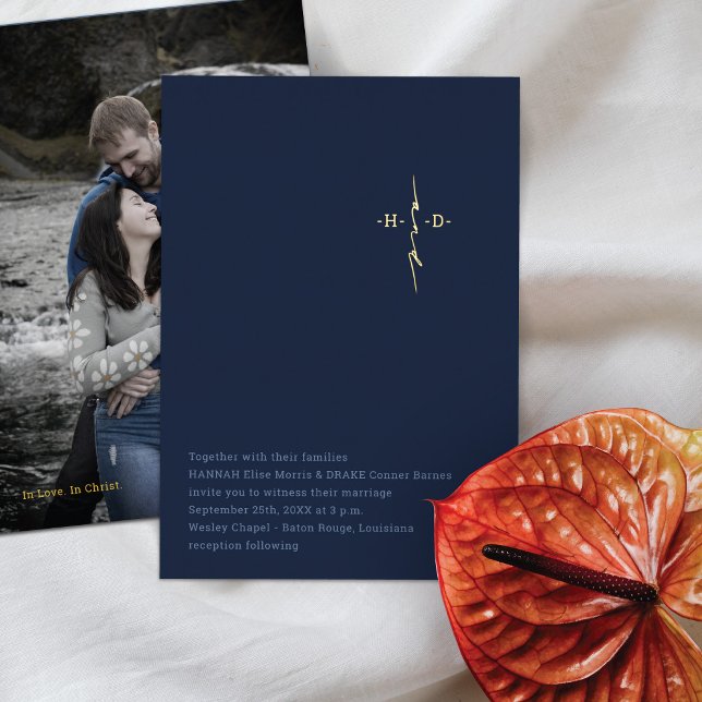 Invitation En Aluminium Mariage Chrétien Bleu | Initiales Croix | Or (Créateur téléchargé)