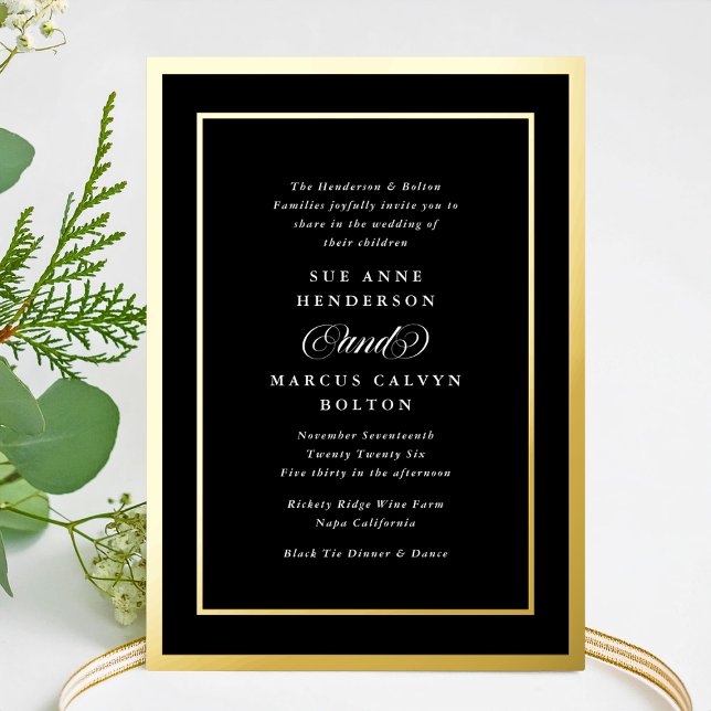 Invitation En Aluminium Mariage classique Black Blanc Formal Gold Frames (Créateur téléchargé)