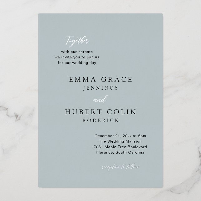 Invitation En Aluminium Mariage classique bleu muté élégant (Recto)