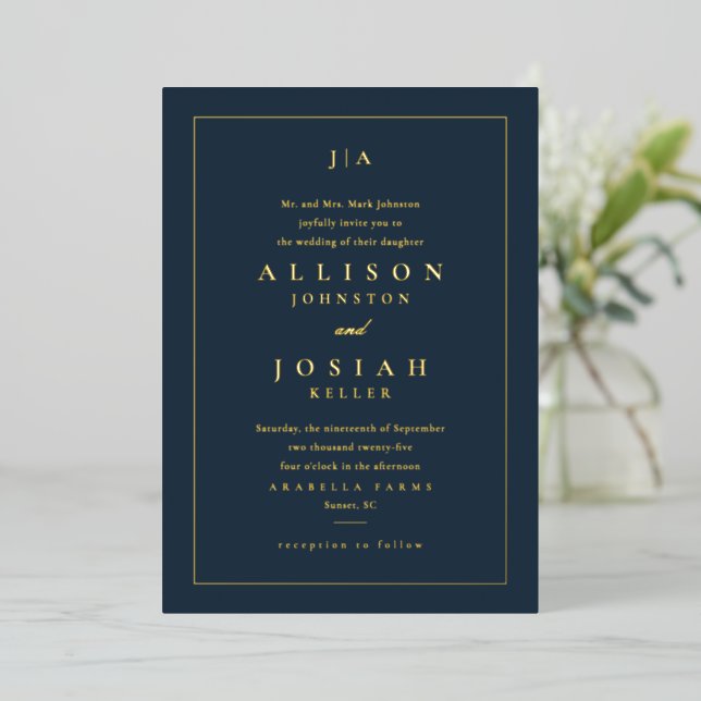 Invitation En Aluminium Mariage Classique Bleu Nuit (Debout devant)